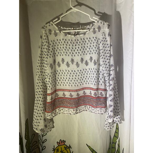 Lily Star Womens Blouse Lightweight Gray White Print Medium Polyester - Picture 5 of 9